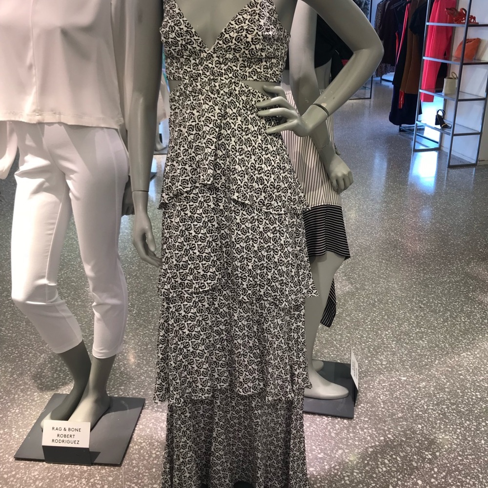 ALC TIERED BLACK & WHITE FLORAL SILK MAXI CUT OUT SIDES DRESS